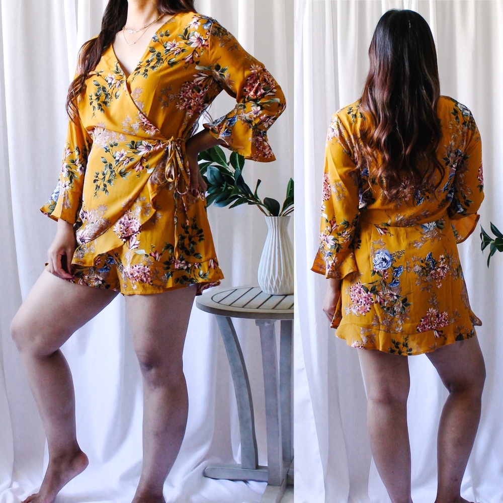 STORE CLOSING SALE! Yellow Mustard Floral Romper - Picture 4 of 4